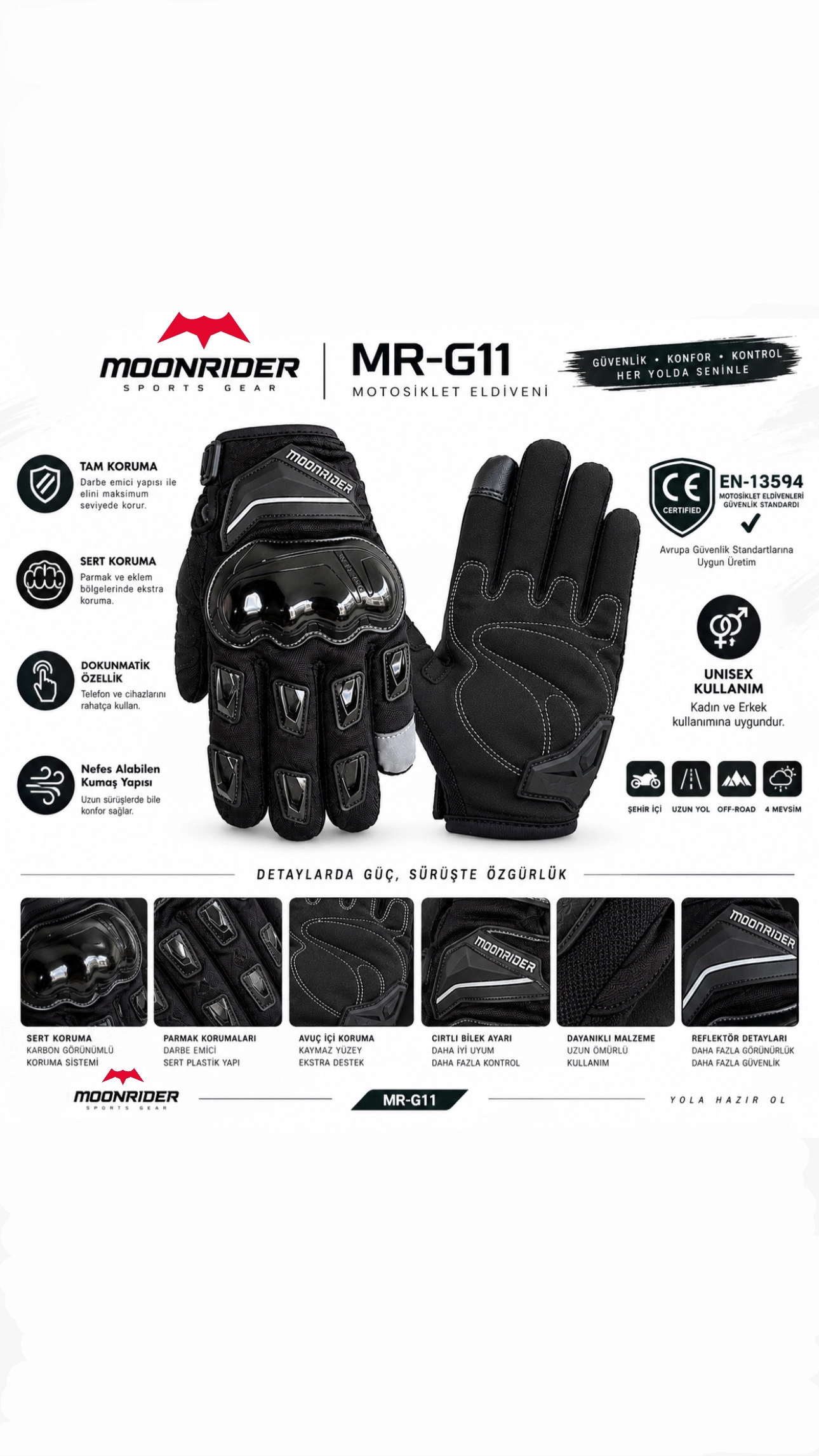 Motosiklet Eldiveni Tam Korumalı Dokunmatik 4 Mevsim Unisex En-13594 sertifikalı Premium Motorcu Eldiveni MR-G11
