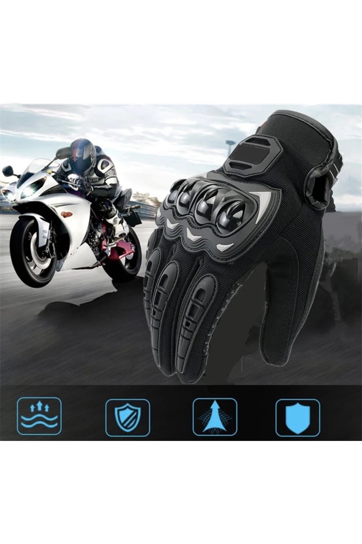 Siyah Motor Eldiveni Profesyonel Korumalı Dokunmatik Özellikli Motorcu Eldiveni Motosiklet